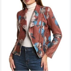 Elie Tahari Brown Floral Moto Crop Faux Suede Jacket Soft Cozy Size Large